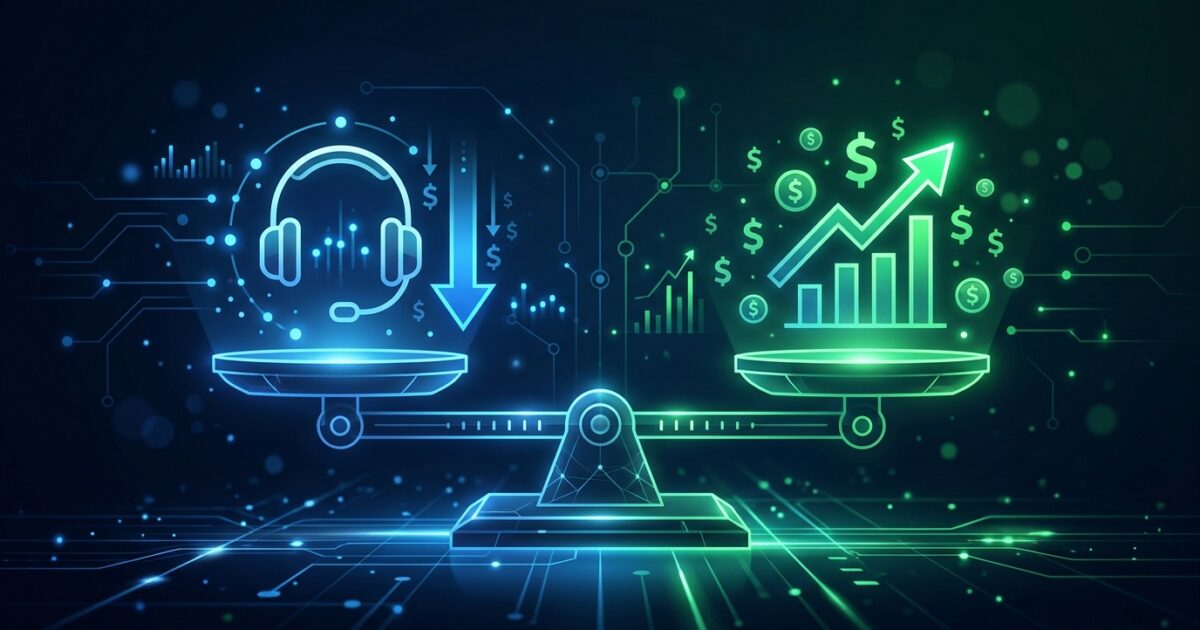 Balance scale comparing customer service chatbot costs versus sales chatbot revenue