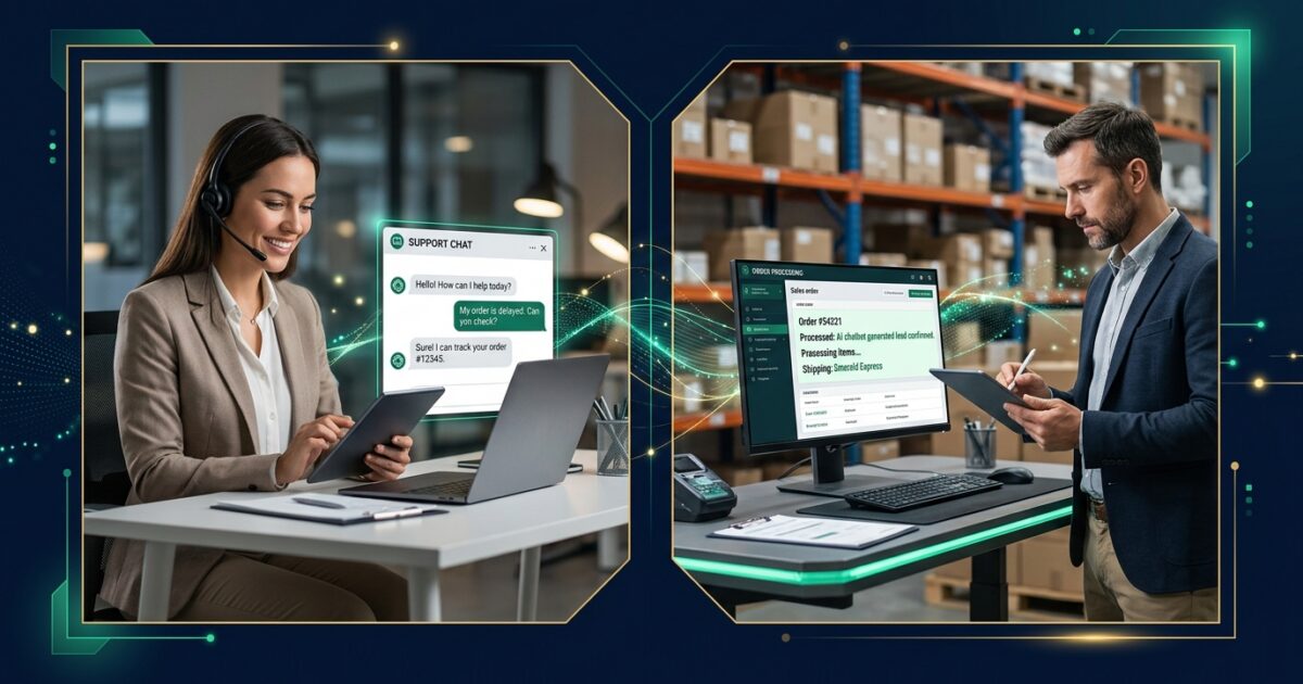 AI chatbot for business — customer support on the left, sales order processing on the right