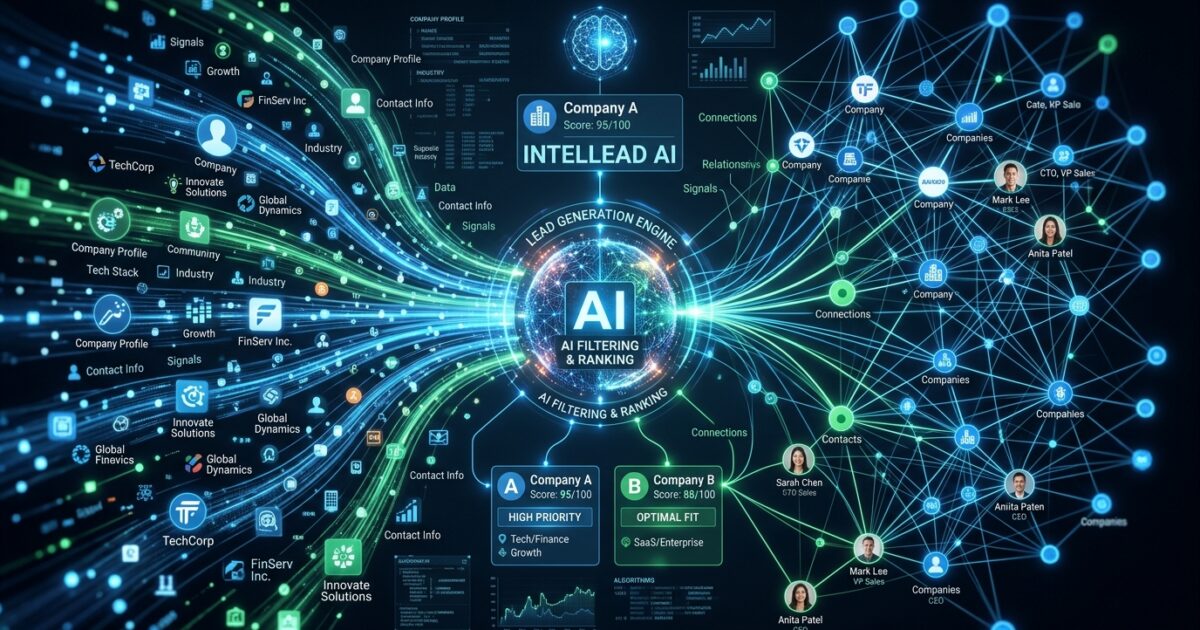 AI-powered lead generation engine filtering and ranking company profiles through intelligent data network