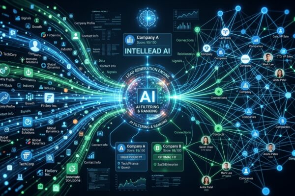 AI-powered lead generation engine filtering and ranking company profiles through intelligent data network