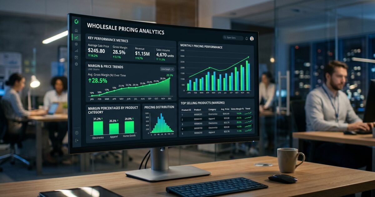 Wholesale pricing analytics dashboard showing margin improvement trends and KPIs