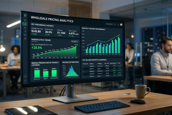 Wholesale pricing analytics dashboard showing margin improvement trends and KPIs