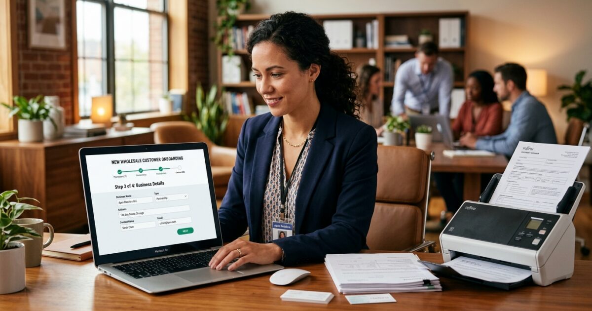 New wholesale customer completing digital onboarding form with progress bar on laptop