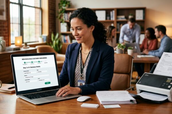 New wholesale customer completing digital onboarding form with progress bar on laptop