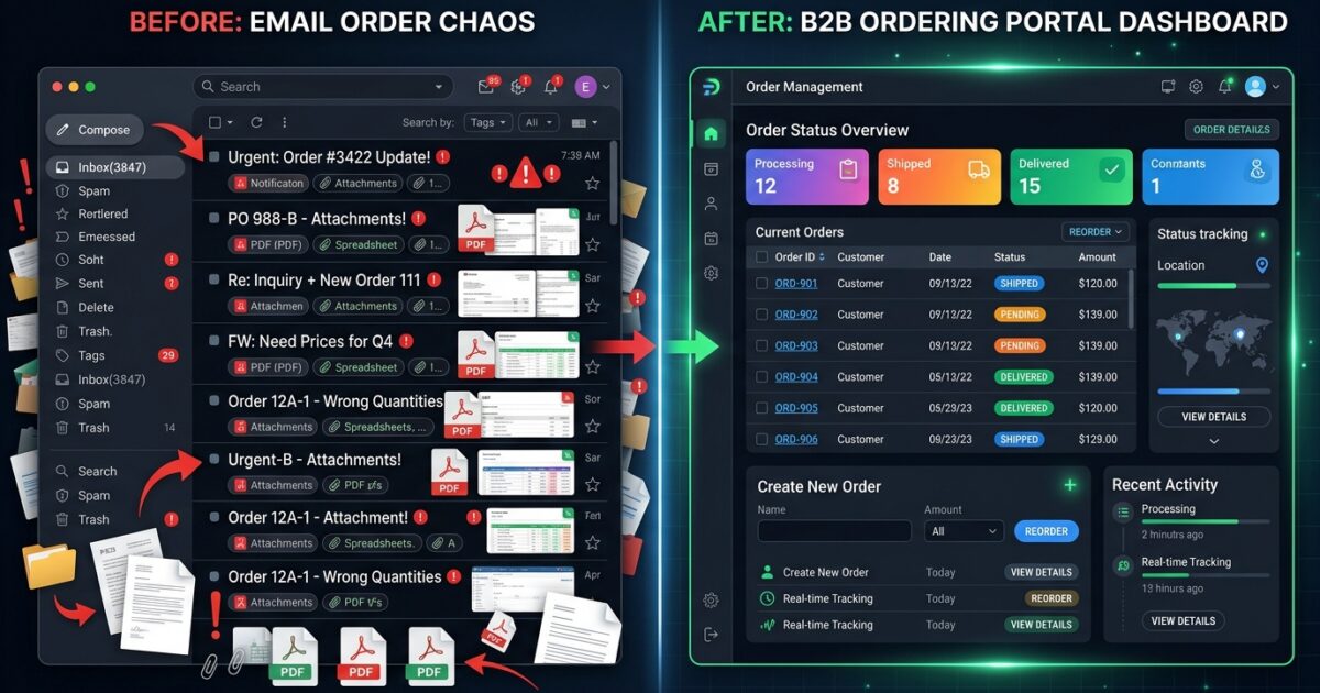 Comparison of chaotic email order inbox versus organized B2B ordering portal dashboard