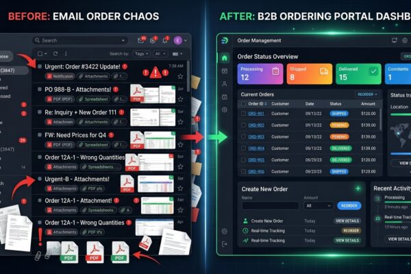 Comparison of chaotic email order inbox versus organized B2B ordering portal dashboard