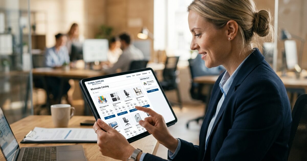 Business buyer browsing wholesale product catalog on tablet through B2B webshop