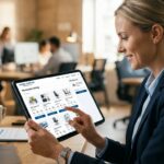 Business buyer browsing wholesale product catalog on tablet through B2B webshop