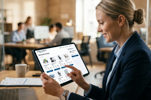 Business buyer browsing wholesale product catalog on tablet through B2B webshop