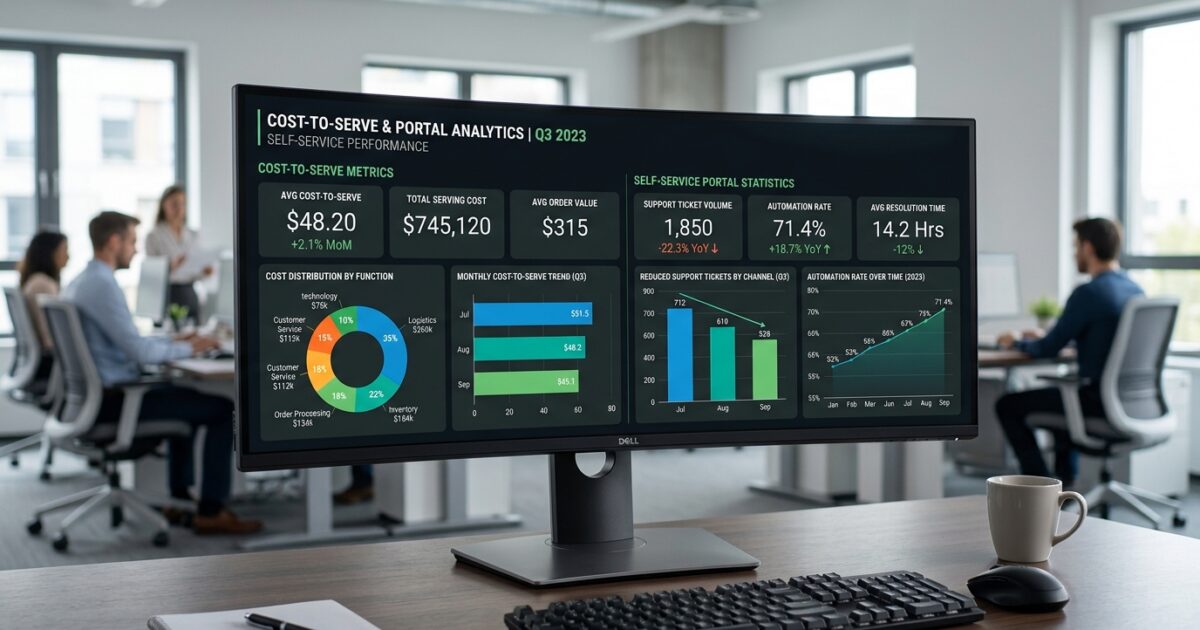 Cost-to-serve analytics dashboard showing self-service portal metrics and automation rate improvement