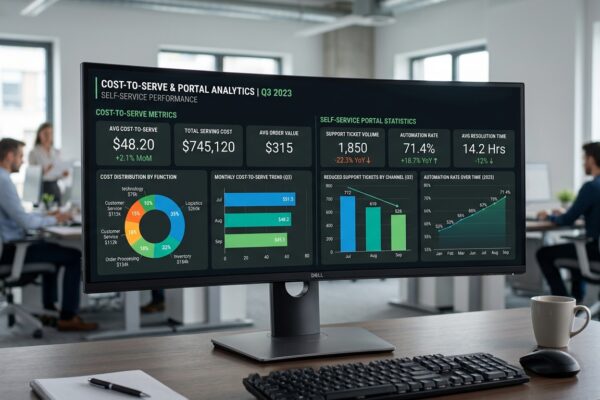 Cost-to-serve analytics dashboard showing self-service portal metrics and automation rate improvement
