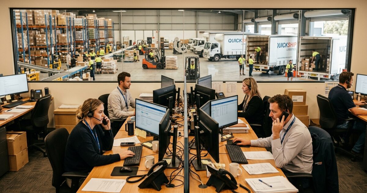 Distribution company front office team processing orders with warehouse and delivery trucks visible through window