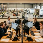 Distribution company front office team processing orders with warehouse and delivery trucks visible through window