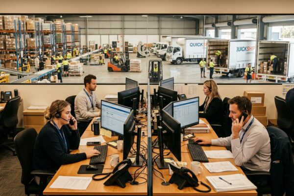 Distribution company front office team processing orders with warehouse and delivery trucks visible through window