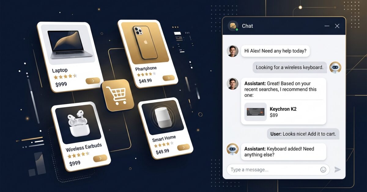 Ecommerce chatbot interface showing product recommendations and shopping cart
