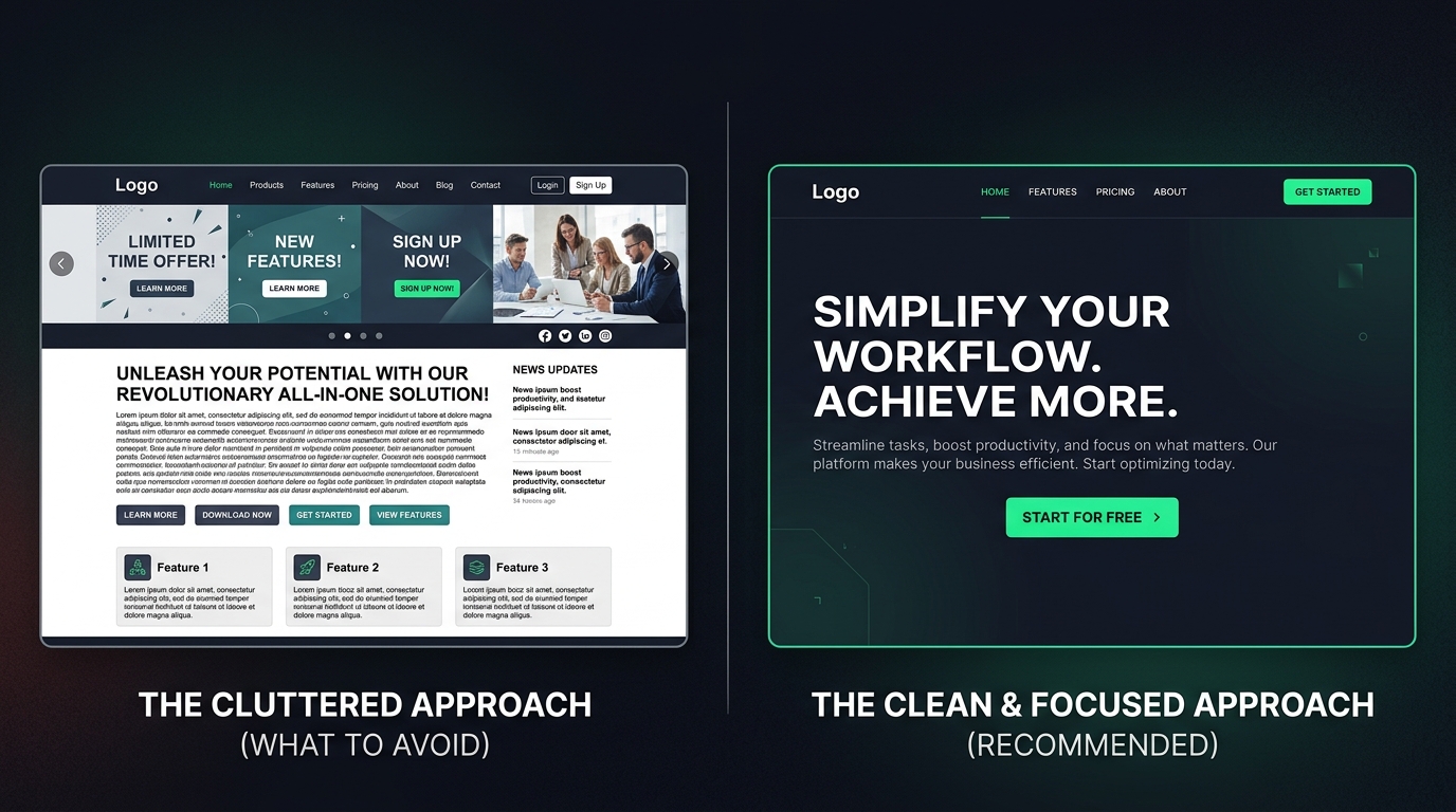 Side by side homepage first screens comparing a cluttered layout with a clear single call to action