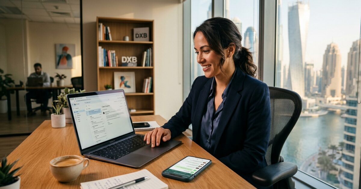 Small business owner reviewing client enquiries on laptop with WhatsApp on phone in Dubai office