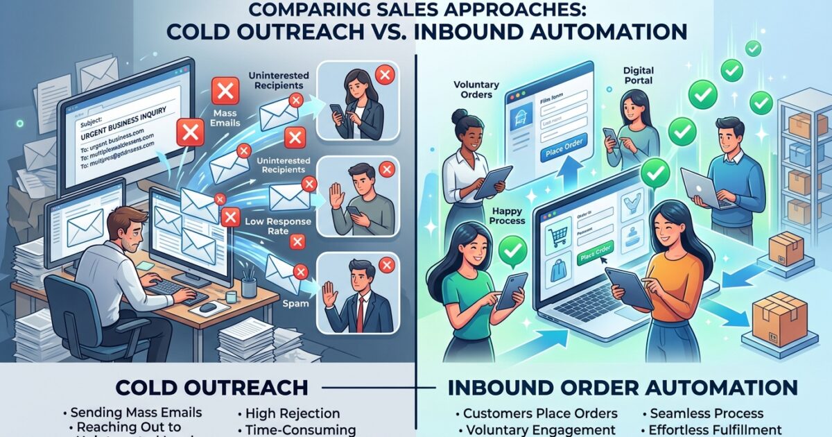 Comparison of cold outreach with rejected emails versus inbound order automation with happy customers placing orders
