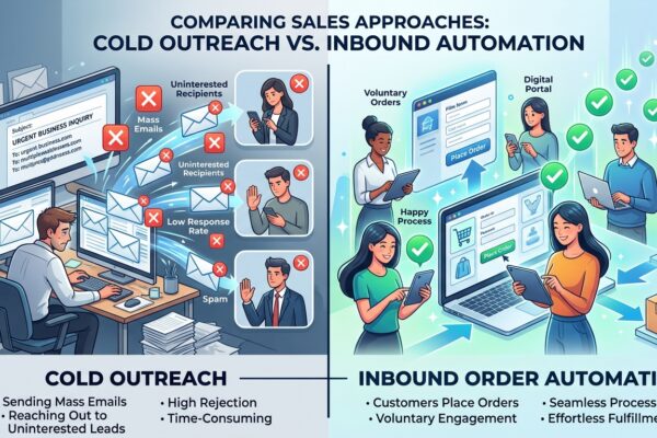 Comparison of cold outreach with rejected emails versus inbound order automation with happy customers placing orders