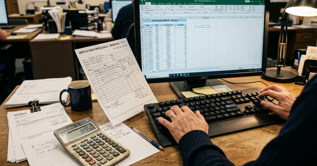 Wholesale office worker entering order data from paper forms into spreadsheet with calculator and invoices on desk