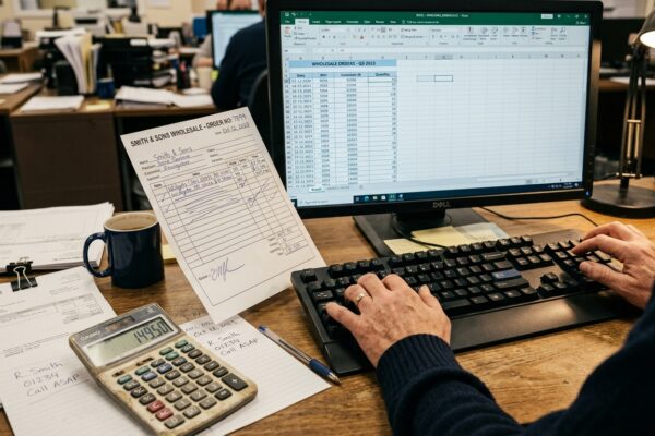 Wholesale office worker entering order data from paper forms into spreadsheet with calculator and invoices on desk