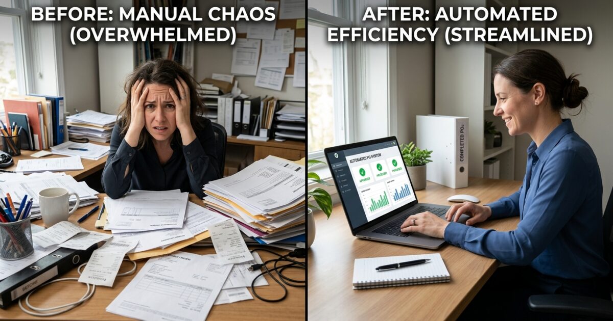 Before and after comparison of manual purchase order chaos versus automated PO system