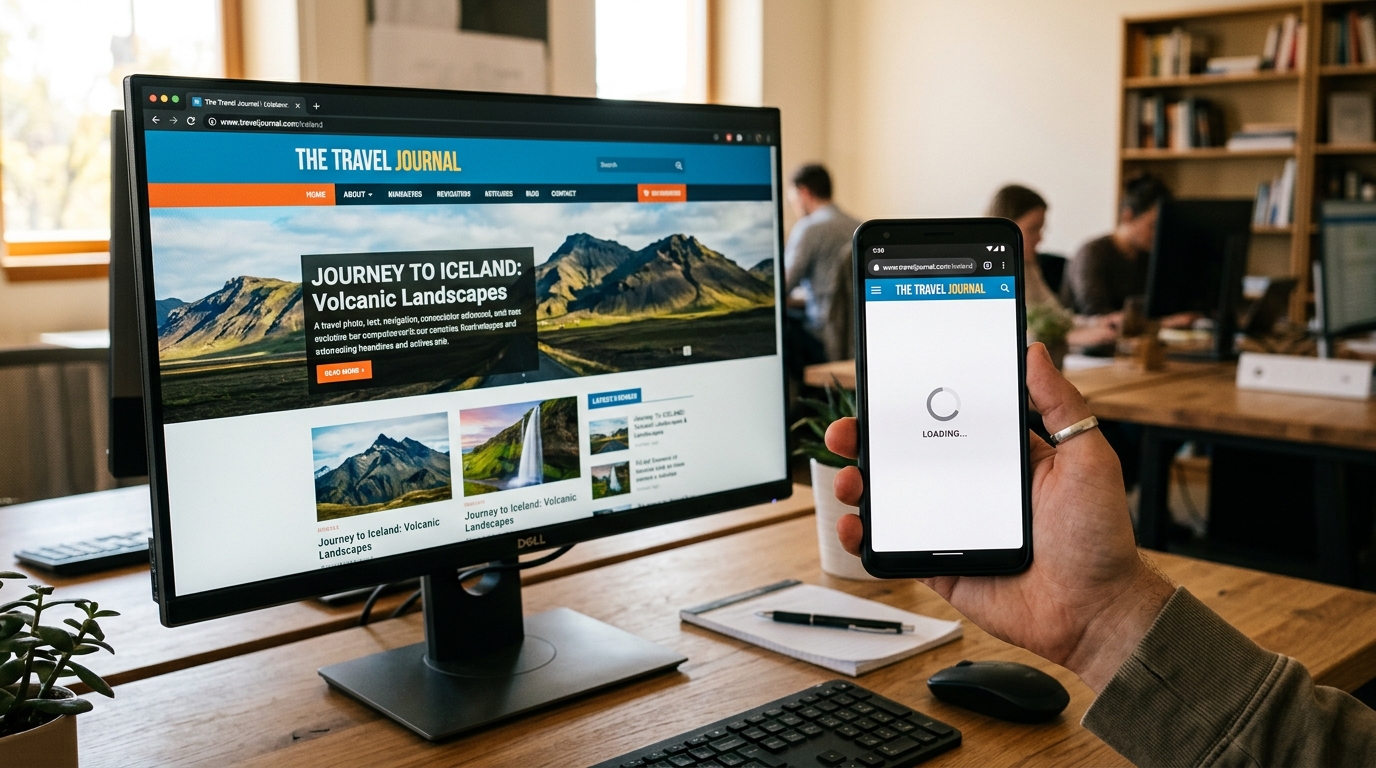 Website shown on a desktop monitor and a phone with the mobile page still loading.