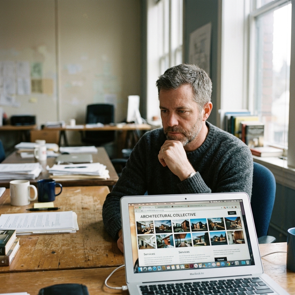 Business owner reviewing a small business website homepage on a laptop at a desk.