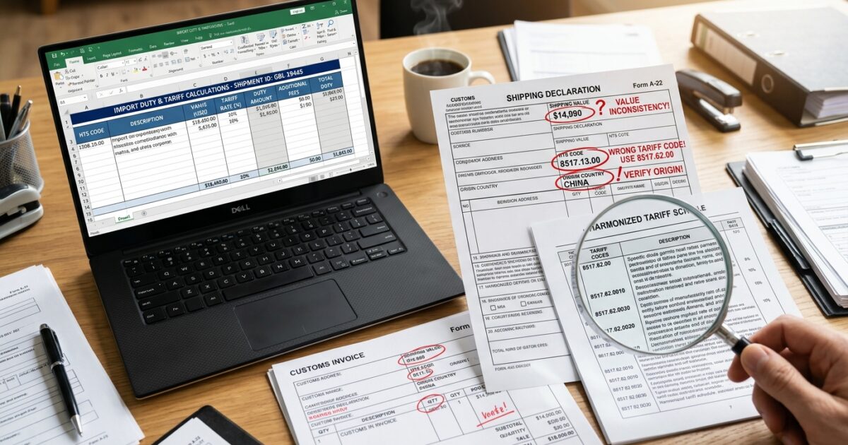 Customs and tariff documents with highlighted errors next to laptop showing import duty calculations