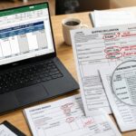 Customs and tariff documents with highlighted errors next to laptop showing import duty calculations
