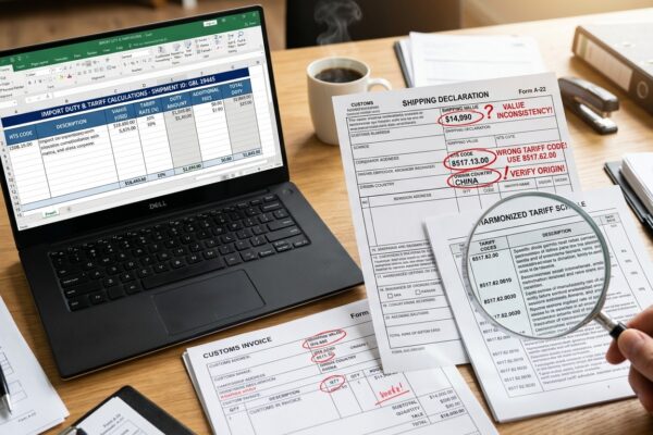 Customs and tariff documents with highlighted errors next to laptop showing import duty calculations