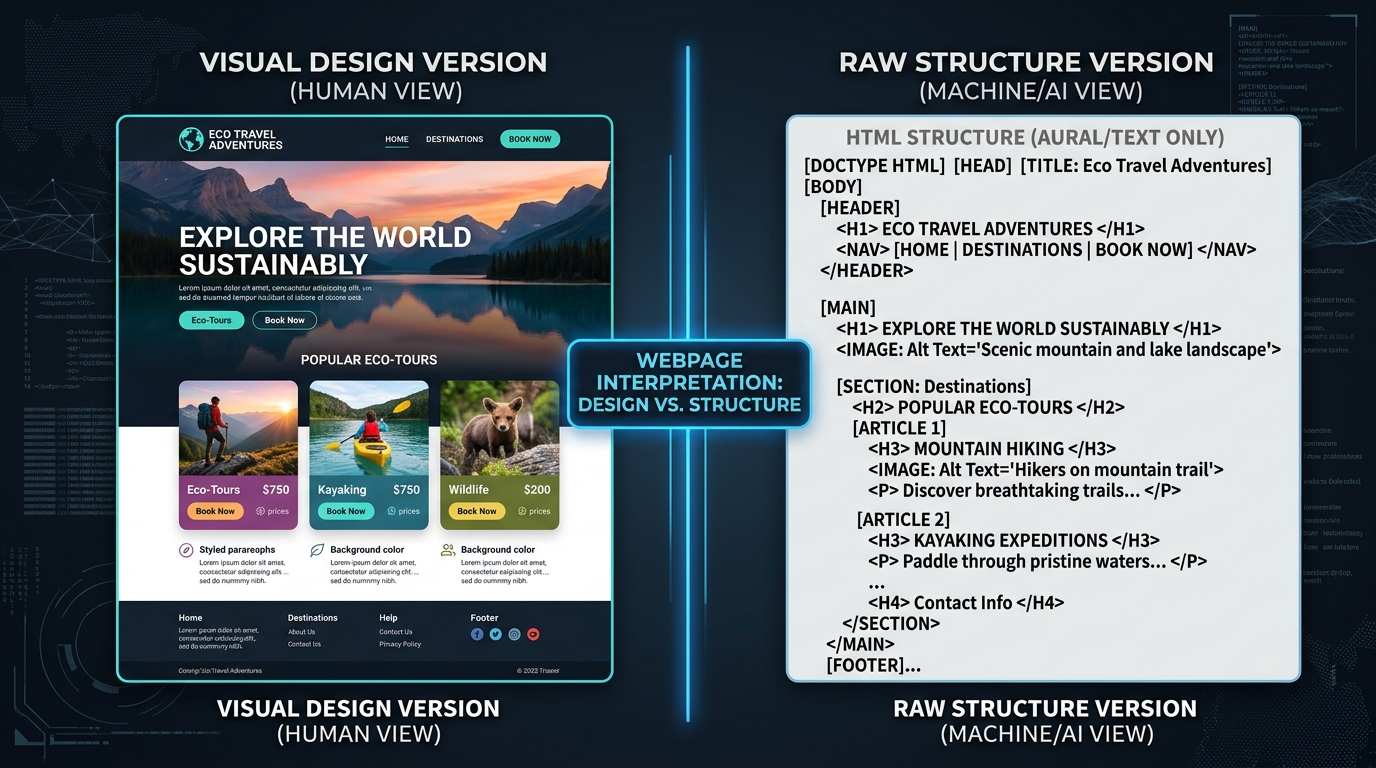 Web page shown as a styled design next to its plain text and heading structure for AI readers