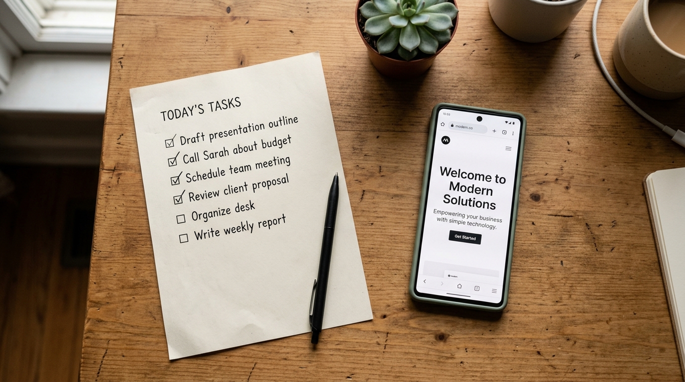 Printed website checklist beside a phone showing a clear homepage headline.