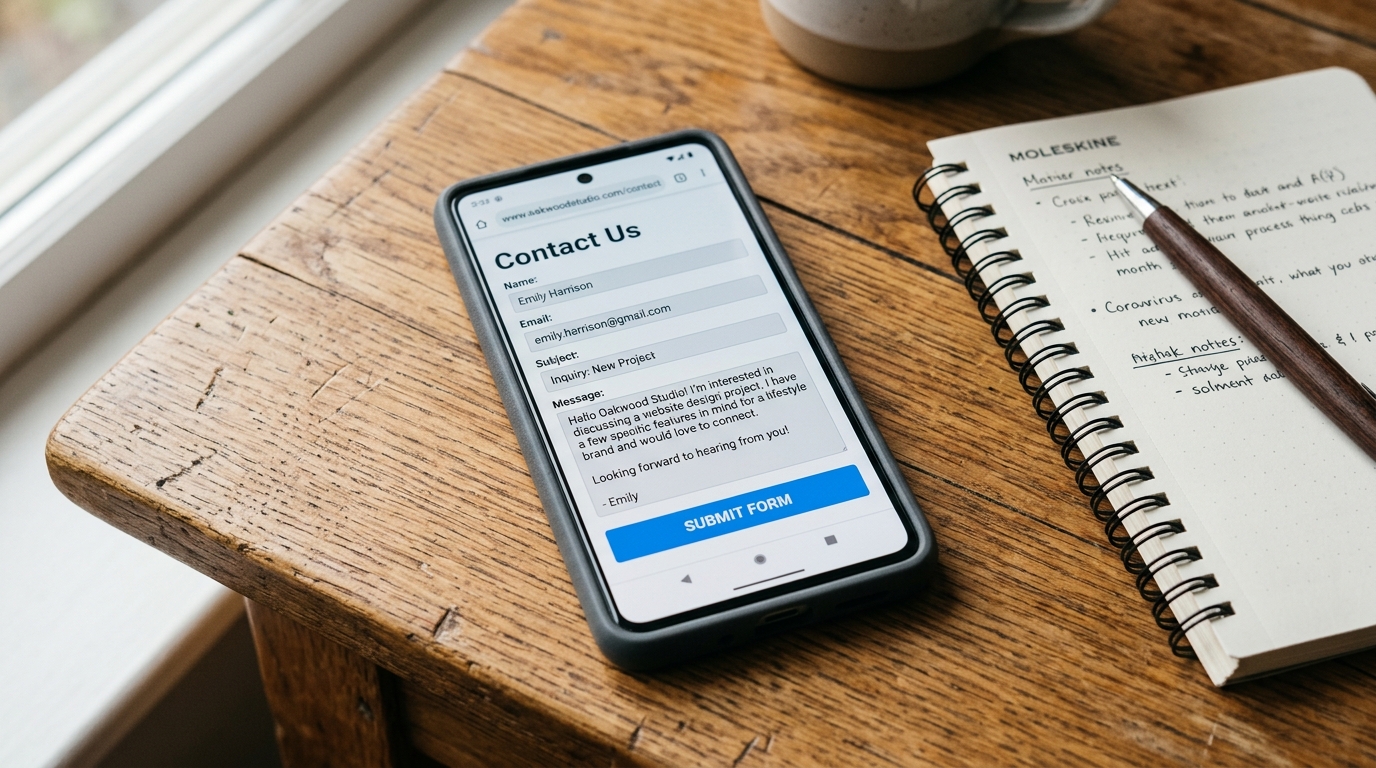 Website contact form filled in on a phone screen next to a notebook on a desk.