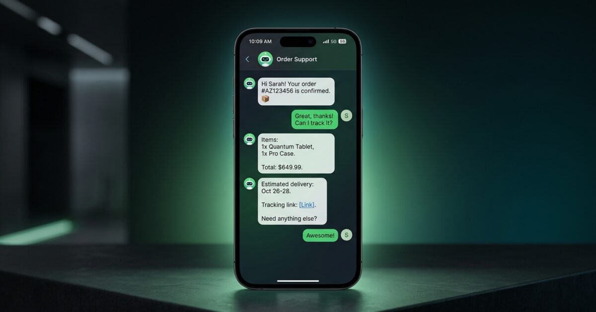 WhatsApp AI chatbot conversation showing automated order processing on a smartphone