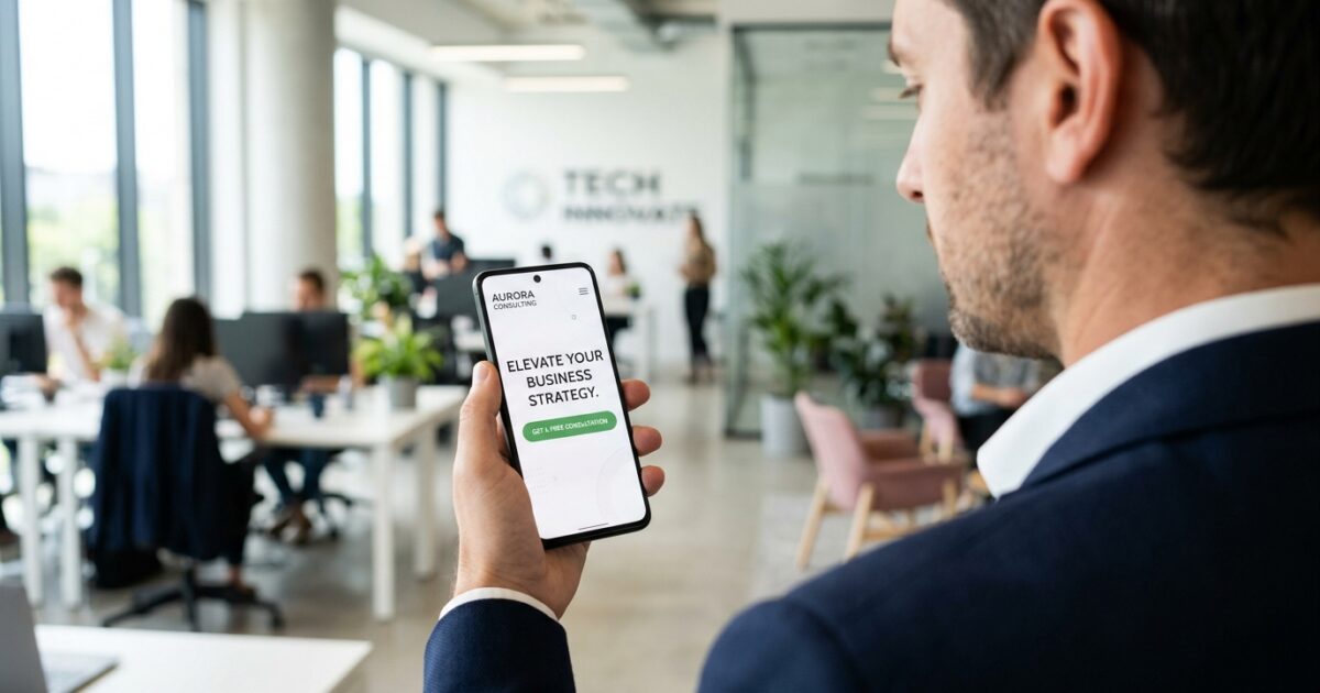 Business person testing website clarity on a smartphone in a modern office
